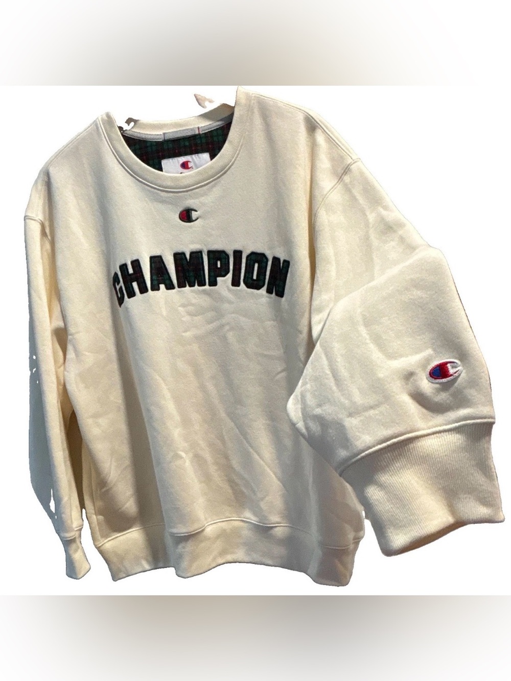NWOT Champion cotton pullover creme sweatshirt green Plaid Collegiate Logo 2XL